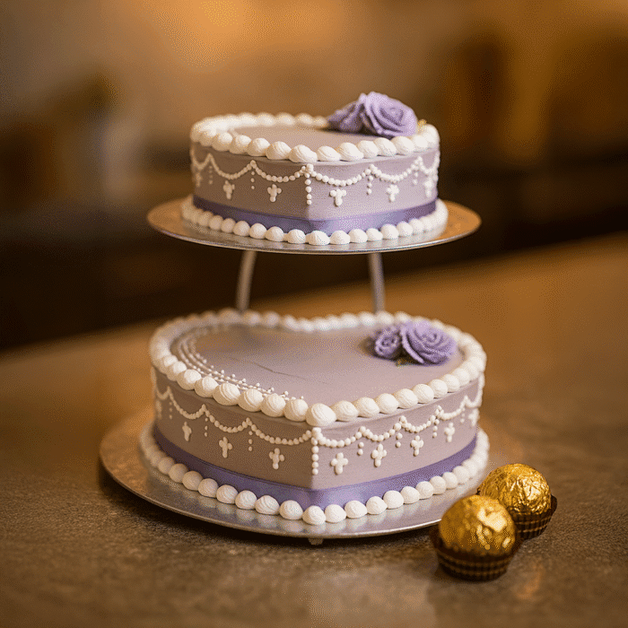 Purple Flower With Ribbon Wedding Cake (2 tier) - Image 1