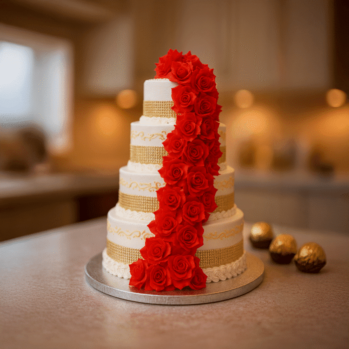 Red Roses With Gold Ribbon Wedding Cake (4 tier) - Image 1