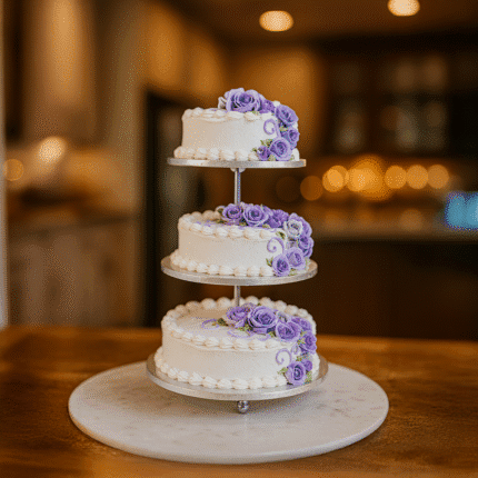 Silver & Purple Flower Wedding Cake (3 tier)