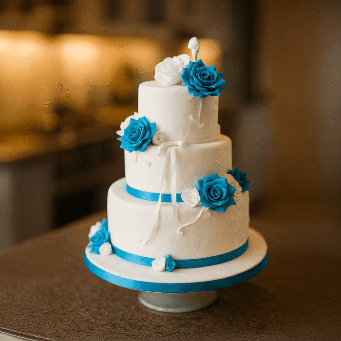 Sky Blue Rose With White Decoration Wedding Cake (3 tier) - Image 1
